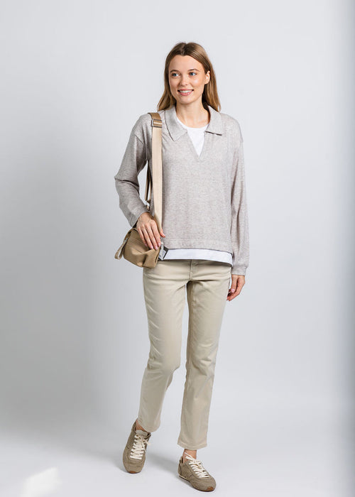 Nally & Millie Carmen Cashmere Like Layered Polo in Oatmeal paired with MAC Jeans 27" Dream Cropped Denim in Smoothly Beige available at Barbara Katz