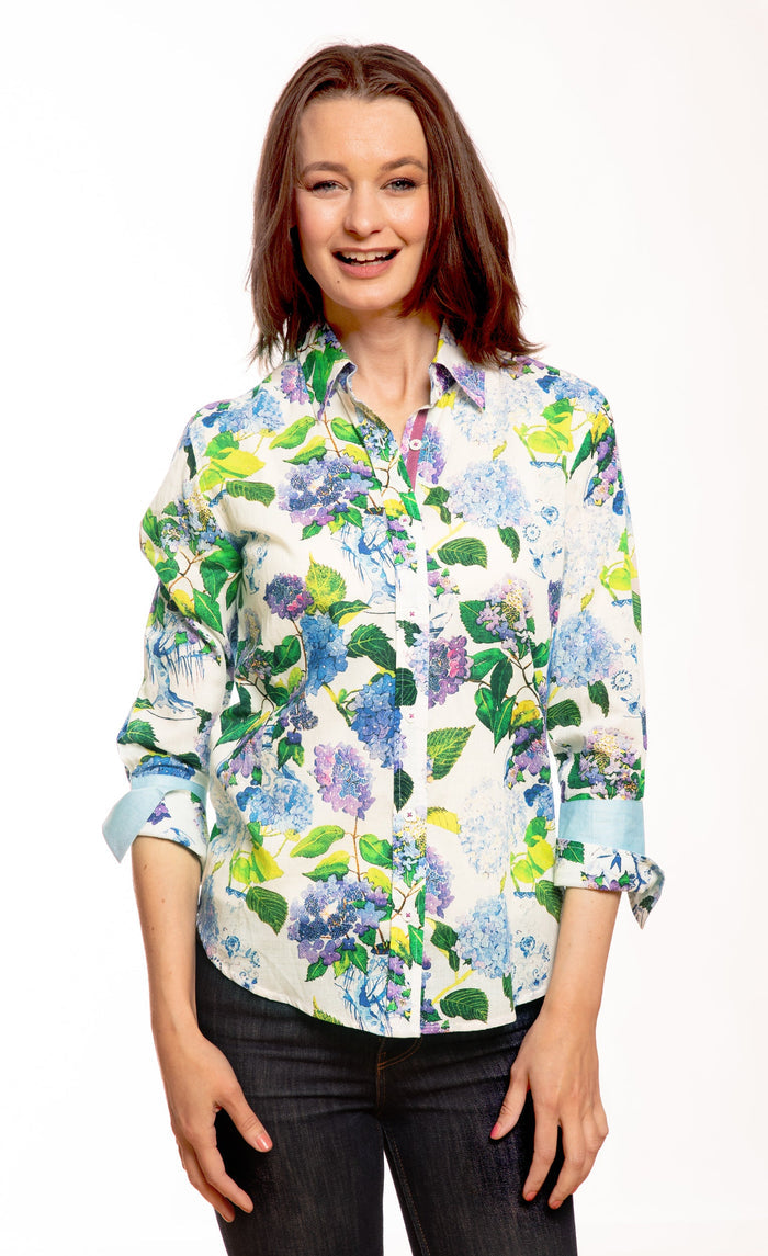 Dizzy-Lizzie 3/4 Sleeve Shirt in Blue and Green Hydrangeas available at Barbara Katz