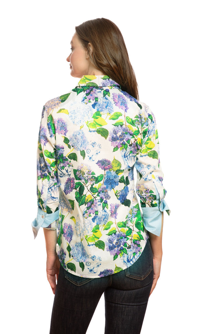 Dizzy-Lizzie 3/4 Sleeve Shirt in Blue and Green Hydrangeas available at Barbara Katz