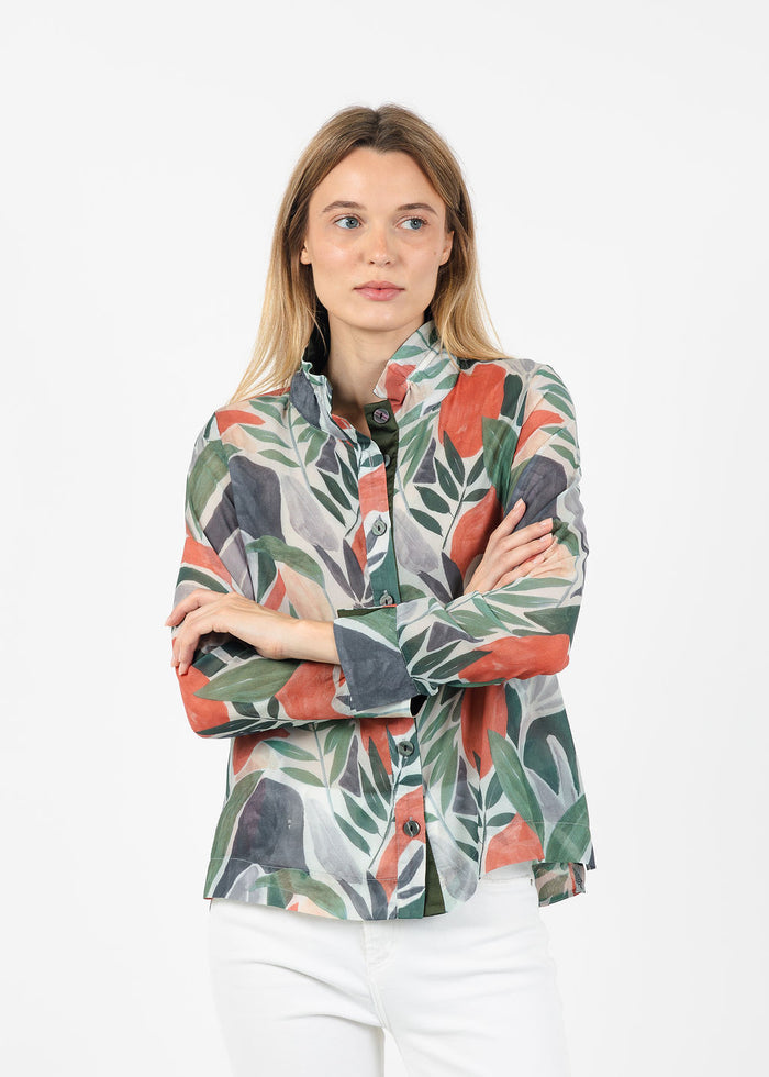 Terra Abstract Tropical Leaf Blouse in Green Olive available at Barbara Katz