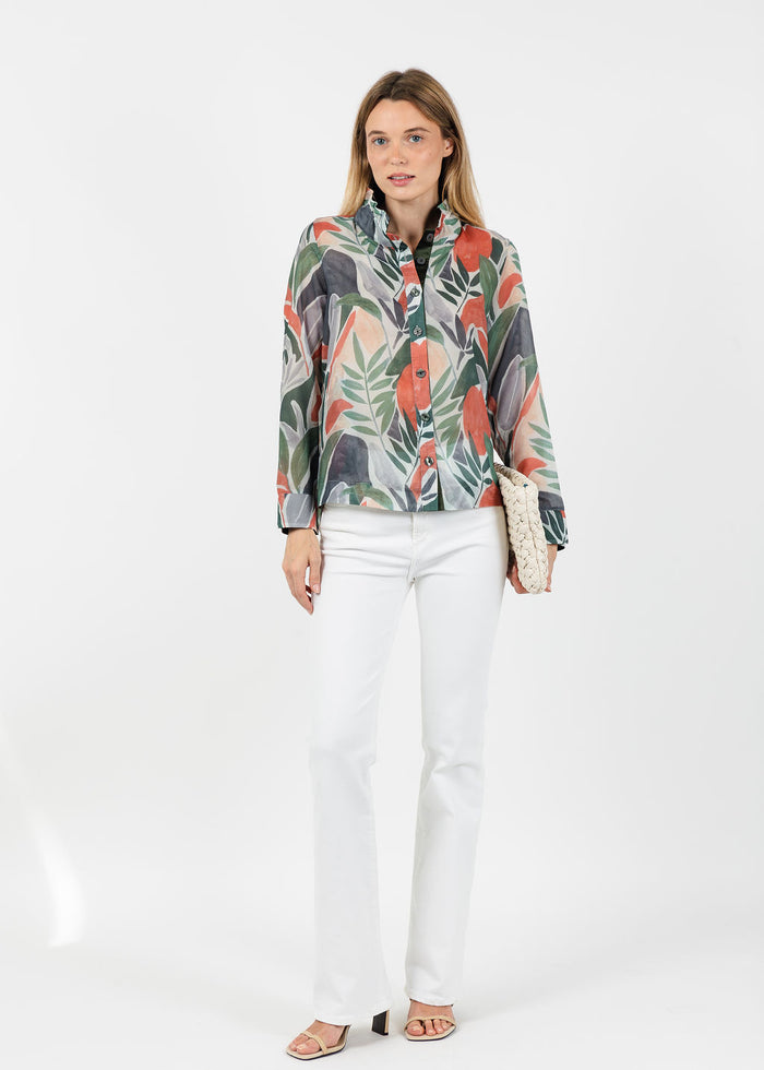 Terra Abstract Tropical Leaf Blouse in Green Olive available at Barbara Katz