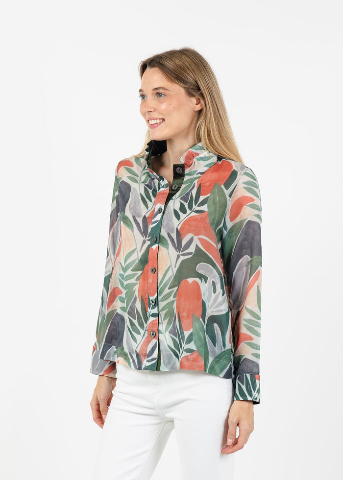 Terra Abstract Tropical Leaf Blouse in Green Olive available at Barbara Katz