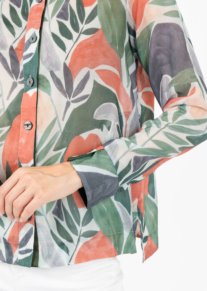 Terra Abstract Tropical Leaf Blouse in Green Olive available at Barbara Katz