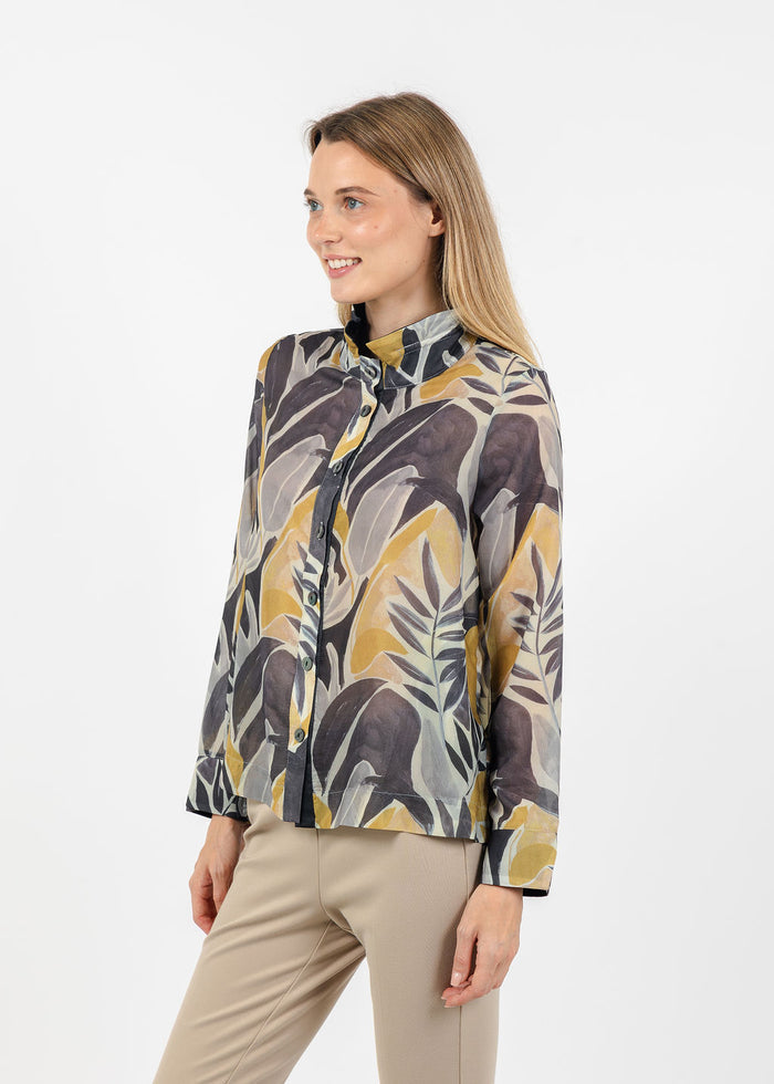 Terra Abstract Tropical Leaf Blouse in Midnight available at Barbara Katz