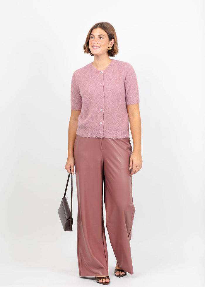 Lysse Opalite Short Sleeve Lurex Feather Cardigan and Ada Pull-On Transeasonal Vegan Leather Trouser in Antique Rose available at Barbara Katz