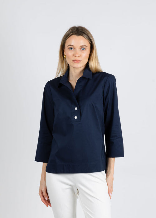 Hinson Wu Aileen 3/4 Sleeve Button Back Top in Navy available at Barbara Katz