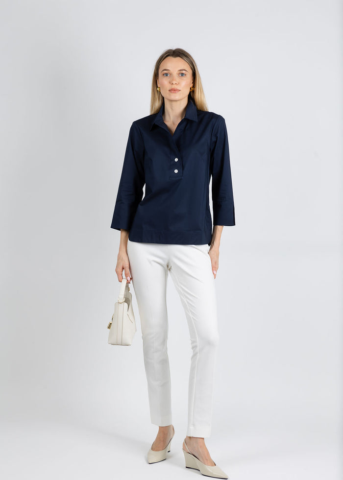 Hinson Wu Aileen 3/4 Sleeve Button Back Top in Navy available at Barbara Katz