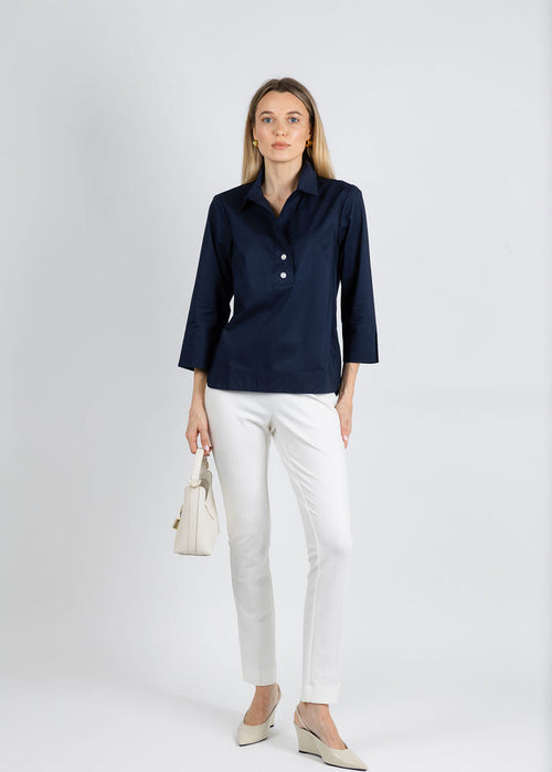 Hinson Wu Aileen 3/4 Sleeve Button Back Top in Navy available at Barbara Katz