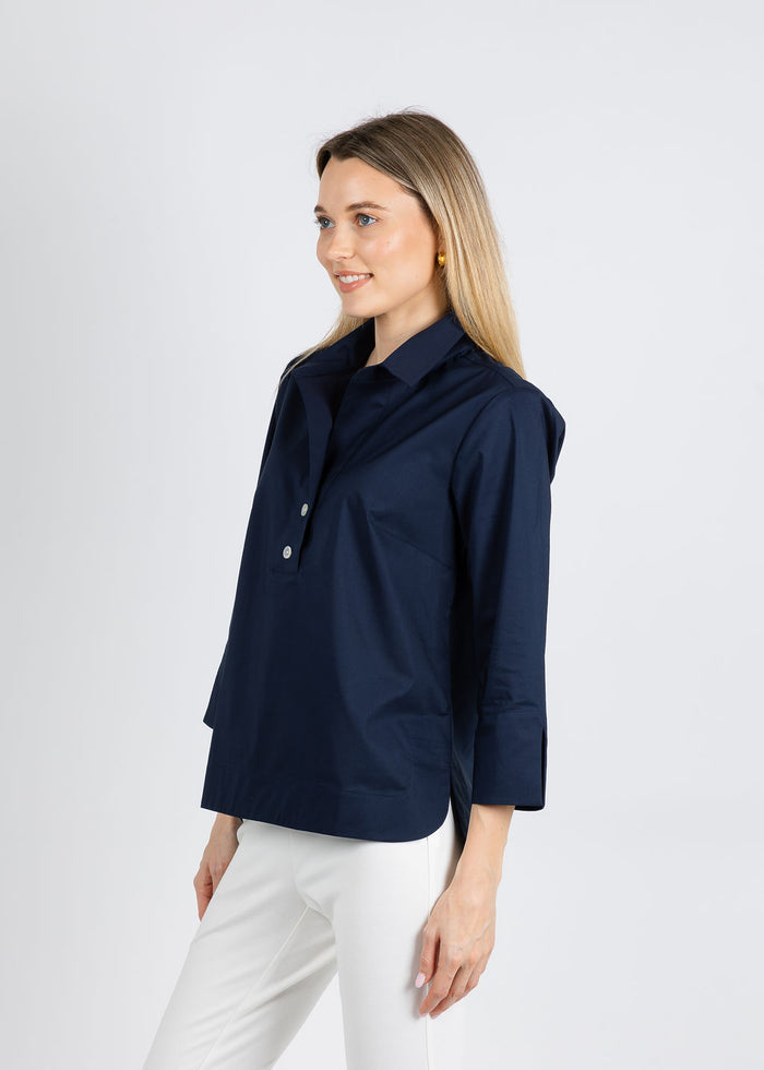 Hinson Wu Aileen 3/4 Sleeve Button Back Top in Navy available at Barbara Katz