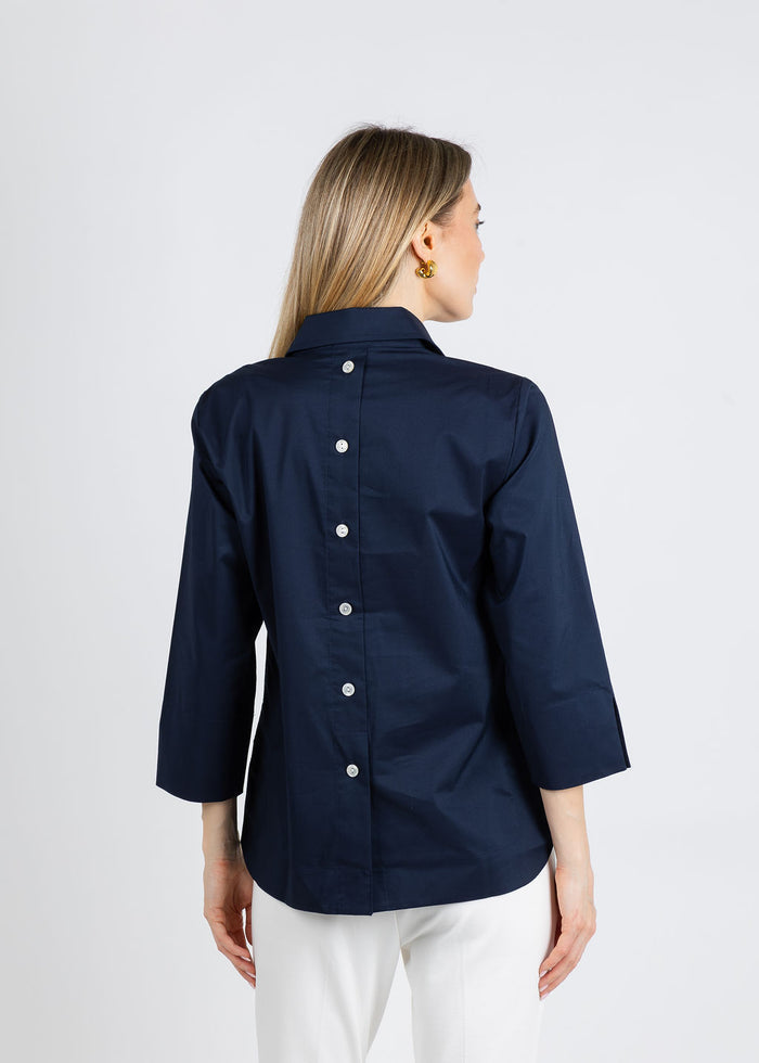 Hinson Wu Aileen 3/4 Sleeve Button Back Top in Navy available at Barbara Katz