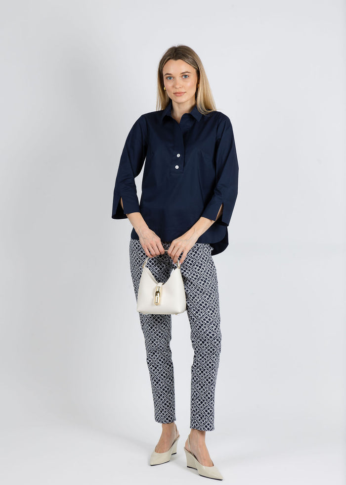 Hinson Wu Aileen 3/4 Sleeve Button Back Top in Navy available at Barbara Katz
