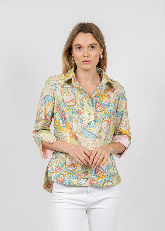 Hinson Wu Aileen 3/4 Sleeve Festive Paisley Shirt available at Barbara Katz