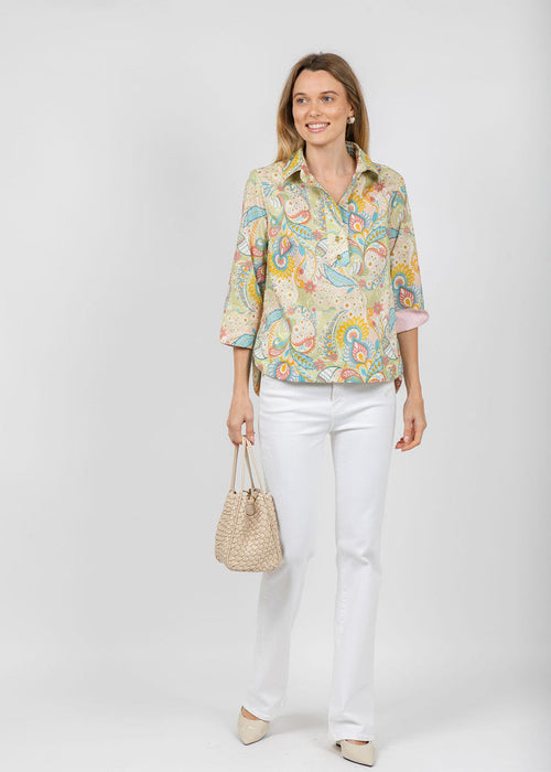 Hinson Wu Aileen 3/4 Sleeve Festive Paisley Shirt available at Barbara Katz