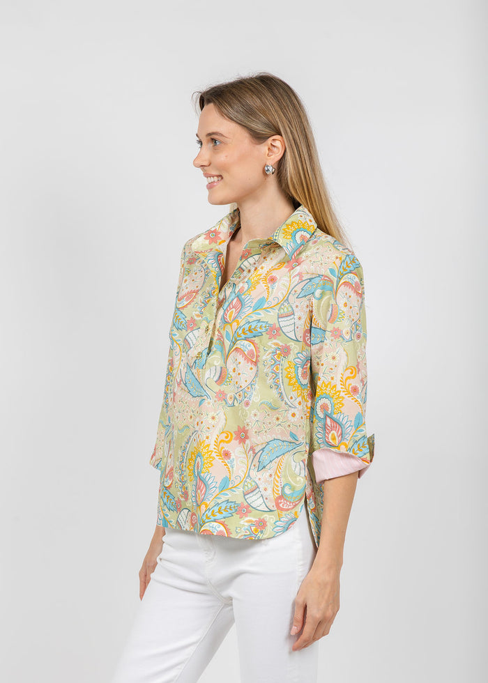 Hinson Wu Aileen 3/4 Sleeve Festive Paisley Shirt available at Barbara Katz