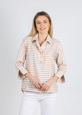 Hinson Wu Aileen 3/4 Sleeve Stripe Gingham Combo Shirt in Latte/White available at Barbara Katz