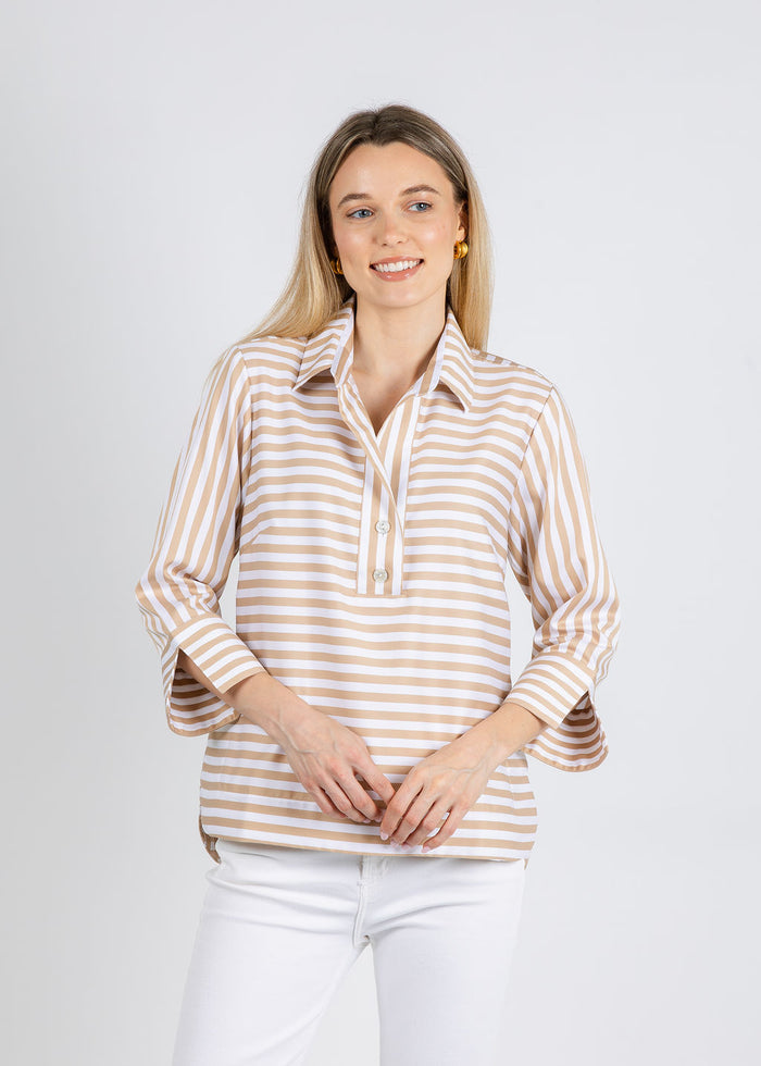 Hinson Wu Aileen 3/4 Sleeve Stripe Gingham Combo Shirt in Latte/White available at Barbara Katz