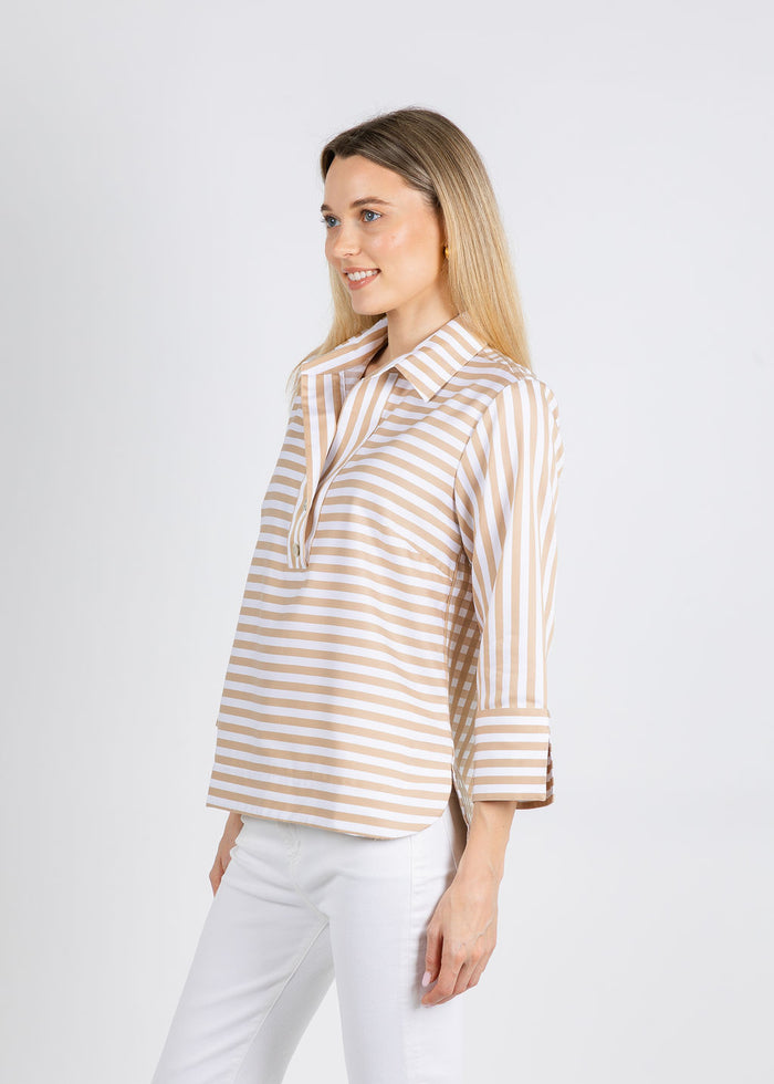 Hinson Wu Aileen 3/4 Sleeve Stripe Gingham Combo Shirt in Latte/White available at Barbara Katz