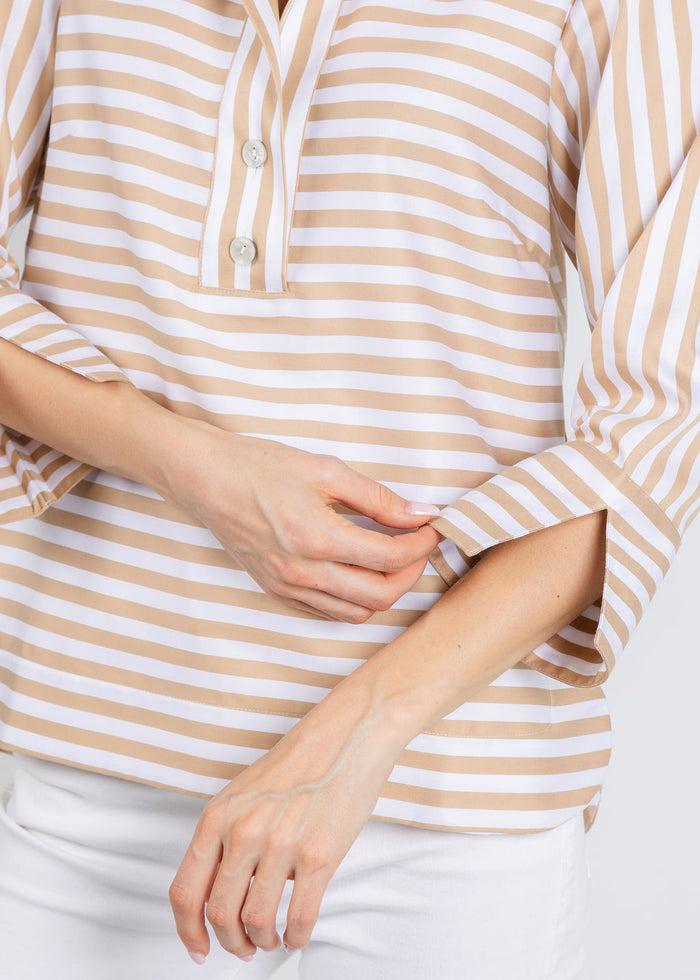Hinson Wu Aileen 3/4 Sleeve Stripe Gingham Combo Shirt in Latte/White available at Barbara Katz
