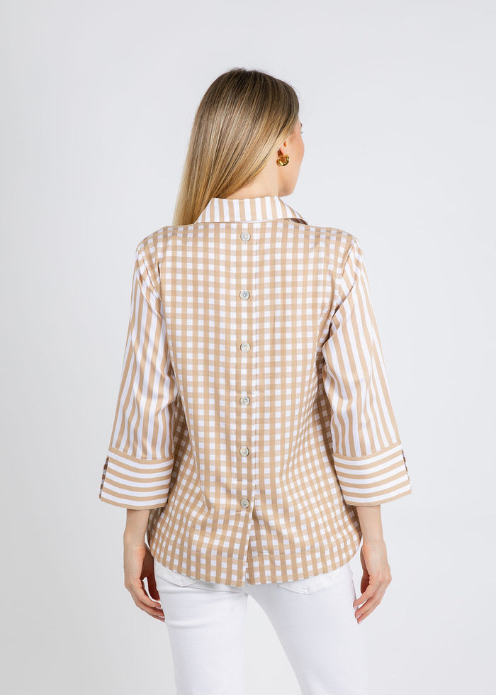 Hinson Wu Aileen 3/4 Sleeve Stripe Gingham Combo Shirt in Latte/White available at Barbara Katz