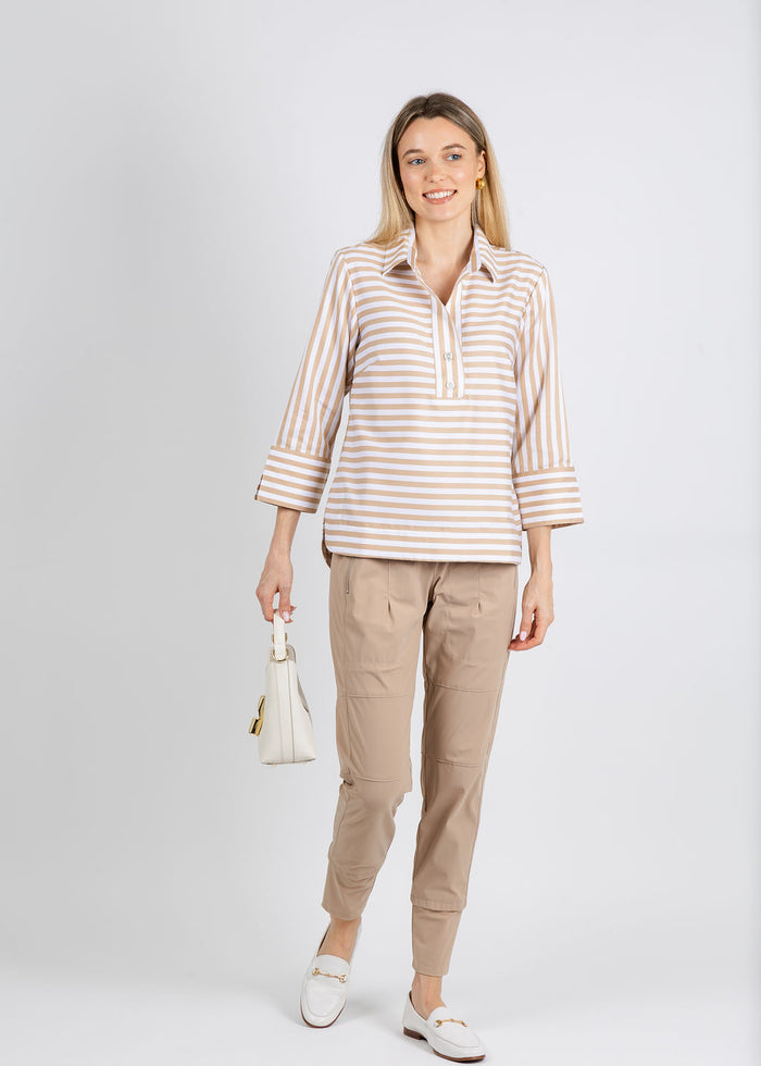 Hinson Wu Aileen 3/4 Sleeve Stripe Gingham Combo Shirt in Latte/White paired with Raffaello Rossi Candy Pants in Warm Taupe available at Barbara Katz