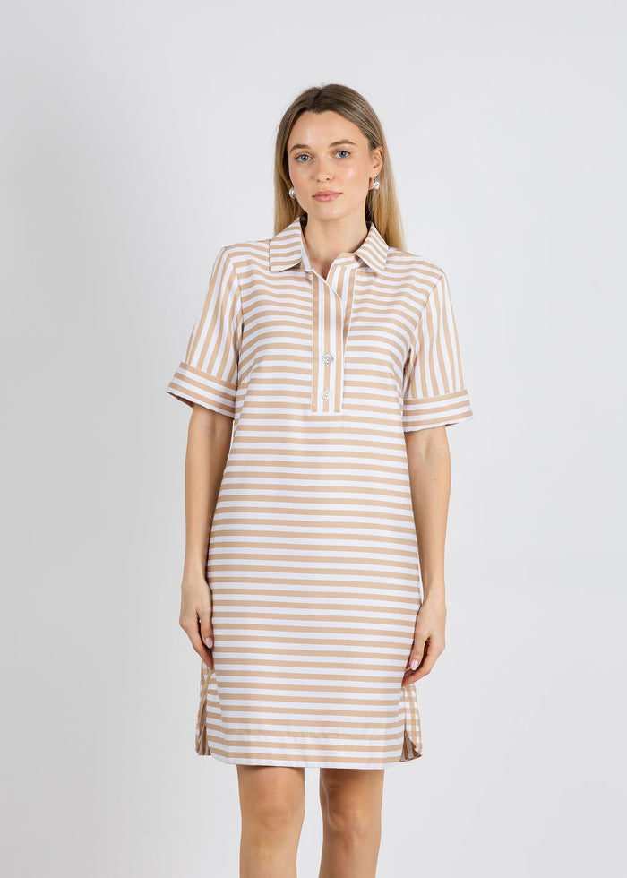 Hinson Wu Aileen Short Sleeve Stripe Gingham Dress in Latte available at Barbara Katz