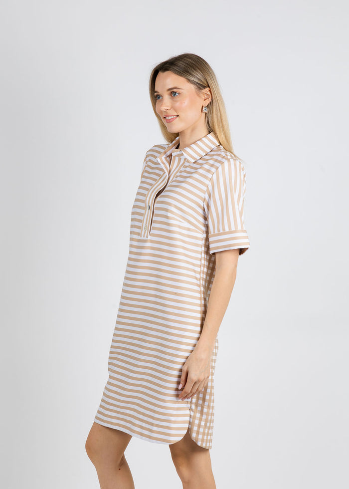 Hinson Wu Aileen Short Sleeve Stripe Gingham Dress in Latte available at Barbara Katz