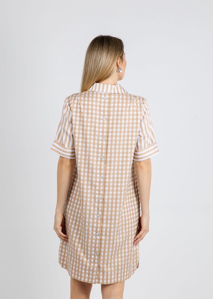 Hinson Wu Aileen Short Sleeve Stripe Gingham Dress in Latte available at Barbara Katz