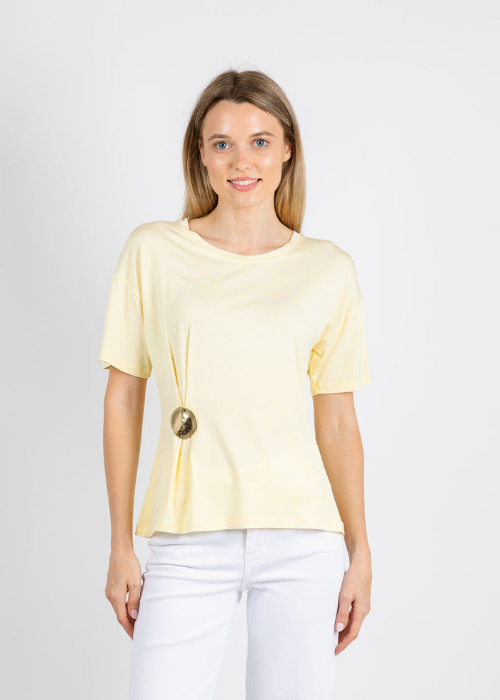 Leo & Ugo Aisha Brooch Tee in Yellow available at Barbara Katz