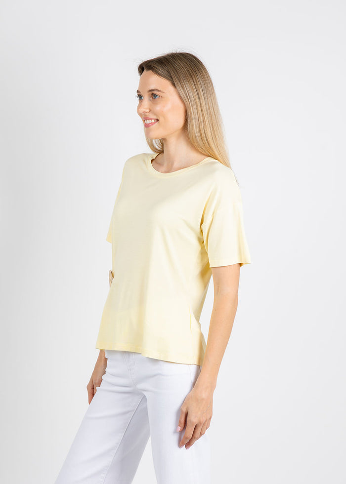 Leo & Ugo Aisha Brooch Tee in Yellow available at Barbara Katz