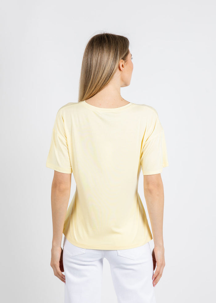Leo & Ugo Aisha Brooch Tee in Yellow available at Barbara Katz