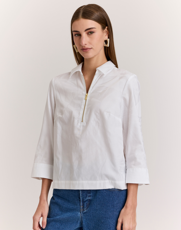 Hinson Wu Alessa 3/4 Sleeve Shirt in White Leaf Motif available at Barbara Katz