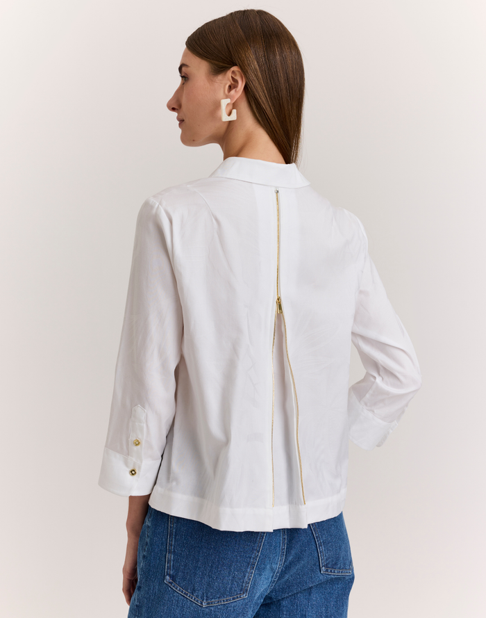 Hinson Wu Alessa 3/4 Sleeve Shirt in White Leaf Motif available at Barbara Katz