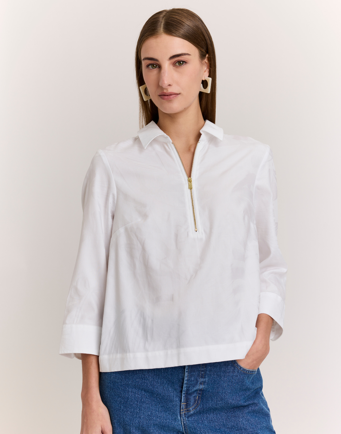 Hinson Wu Alessa 3/4 Sleeve Shirt in White Leaf Motif available at Barbara Katz