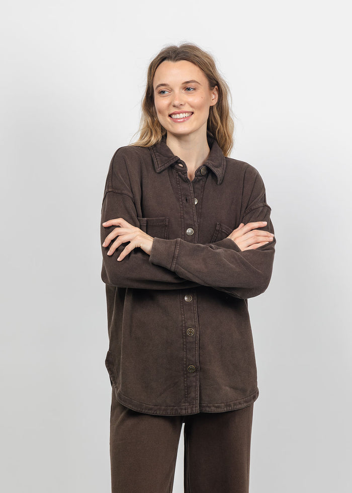 Z Supply All Day Knit Denim Jacket in Dark Chocolate available at Barbara Katz