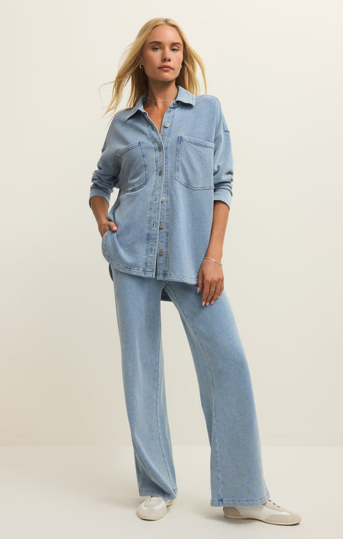 Z Supply All Day Knit Denim Jacket in Ocean Air Indigo available at Barbara Katz