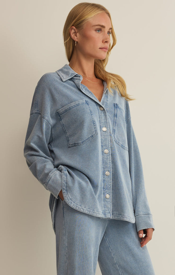 Z Supply All Day Knit Denim Jacket in Ocean Air Indigo available at Barbara Katz
