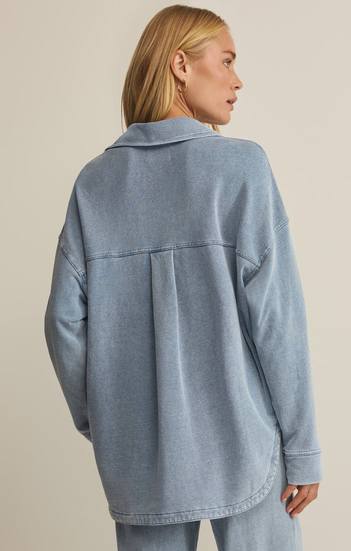 Z Supply All Day Knit Denim Jacket in Ocean Air Indigo available at Barbara Katz