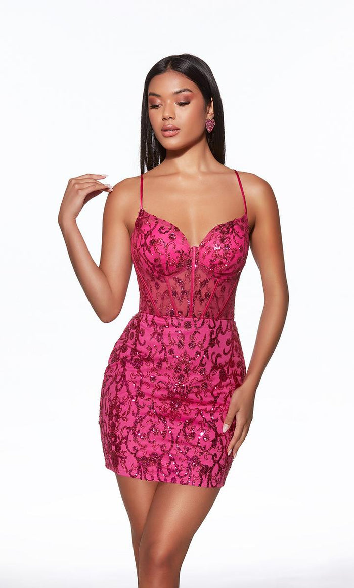 Alyce Paris Sheer Corset Lace-Up Mini Dress 40091