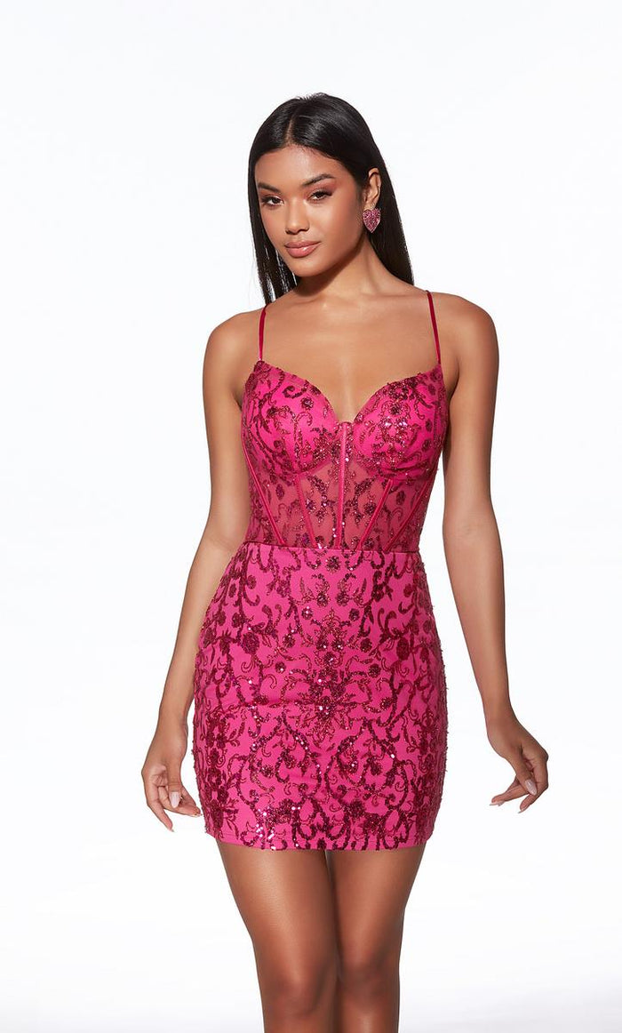 Alyce Paris Sheer Corset Lace-Up Mini Dress 40091