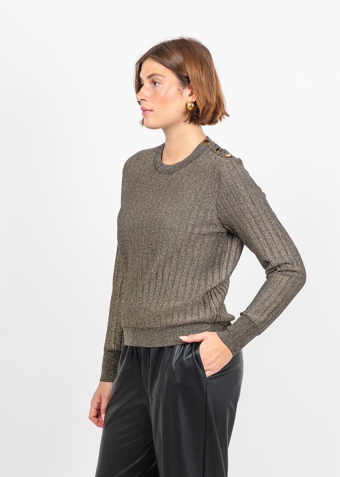 Hinson Wu Amber Shoulder Button Lurex Sweater in Gold available at Barbara Katz