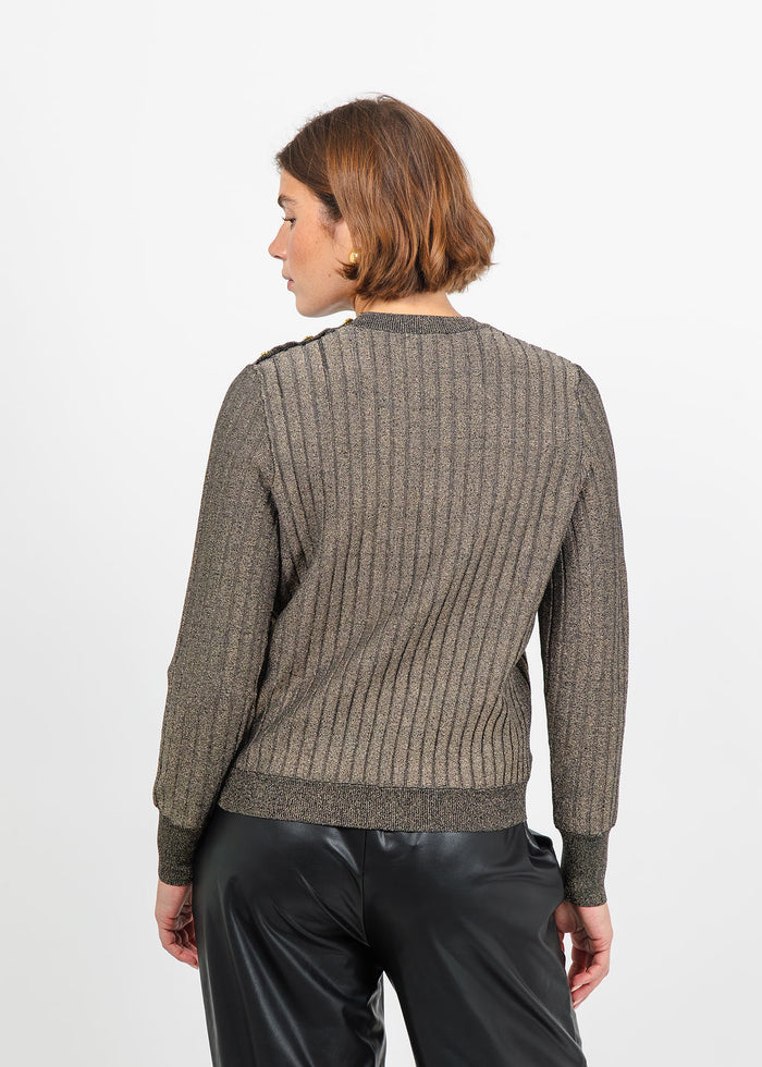 Hinson Wu Amber Shoulder Button Lurex Sweater in Gold available at Barbara Katz