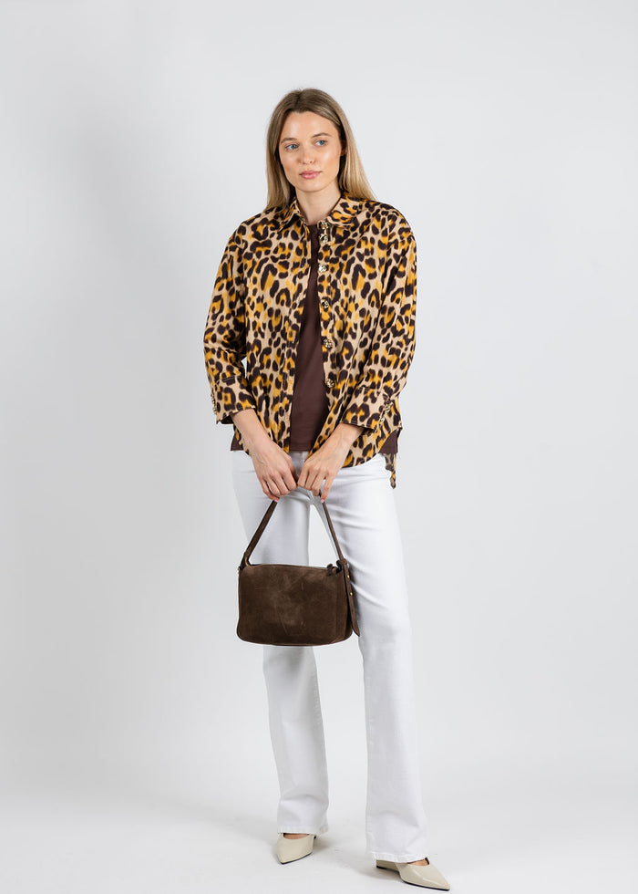 Leo & Ugo Animal Print Gold Button Shirt available at Barbara Katz