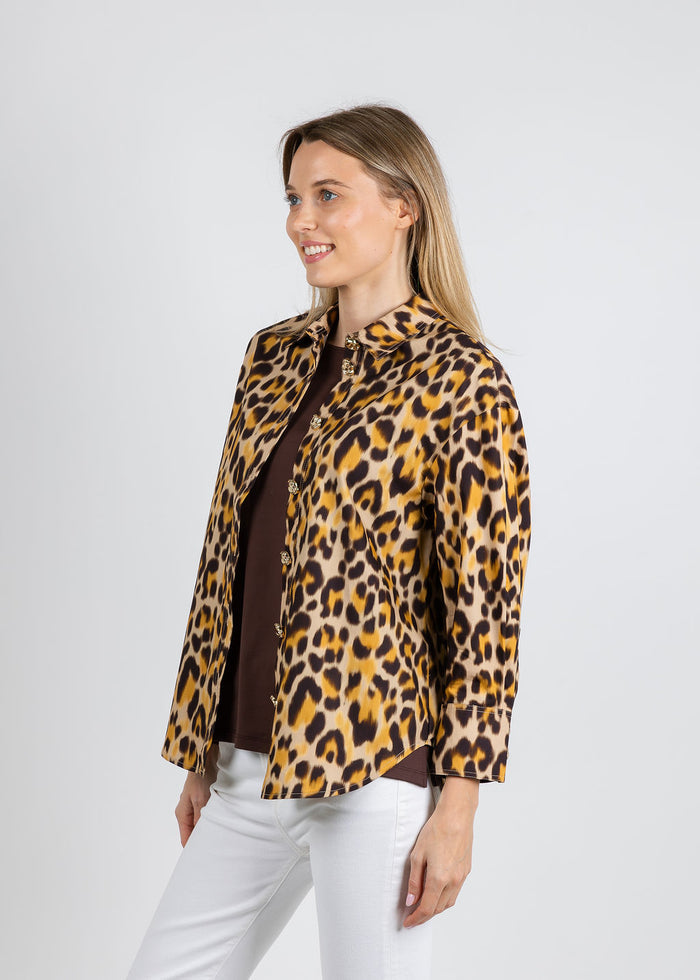 Leo & Ugo Animal Print Gold Button Shirt available at Barbara Katz