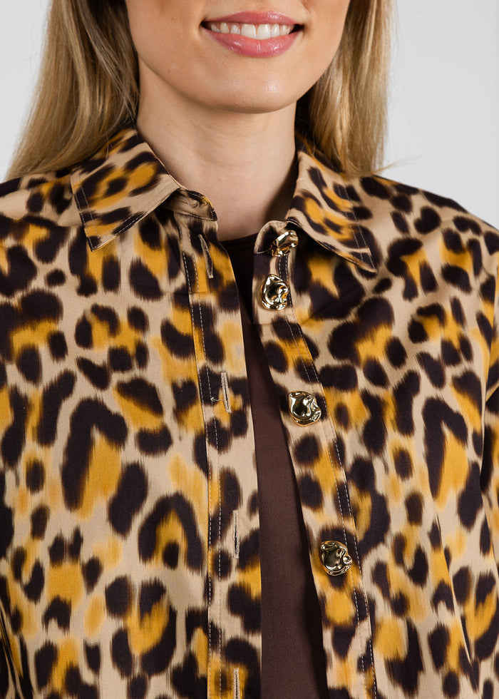 Leo & Ugo Animal Print Gold Button Shirt available at Barbara Katz