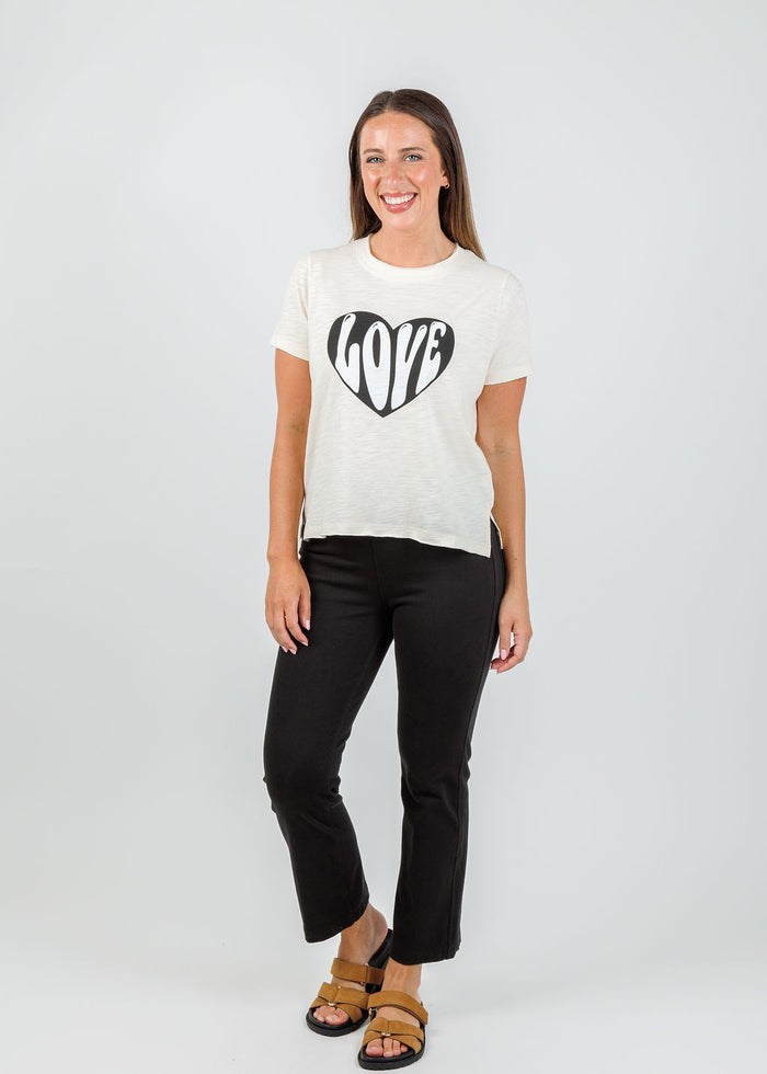 Lisa Todd Hello Love Tee in Puff paired with Lysse Ankle Denim Baby Bootcut Pants in Black available at Barbara Katz