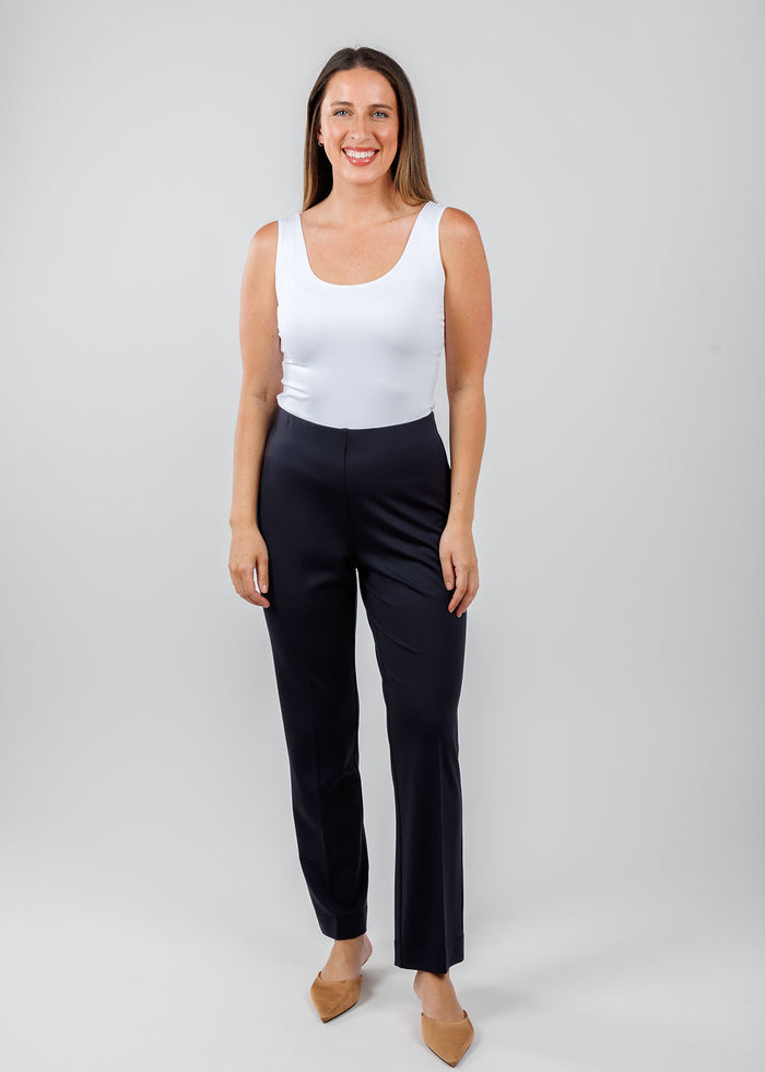A'Nue The Classic Micro Tank Top in White paired with Peace of Cloth Annie Pant 29" Paramount Knit in Navy available at Barbara Katz