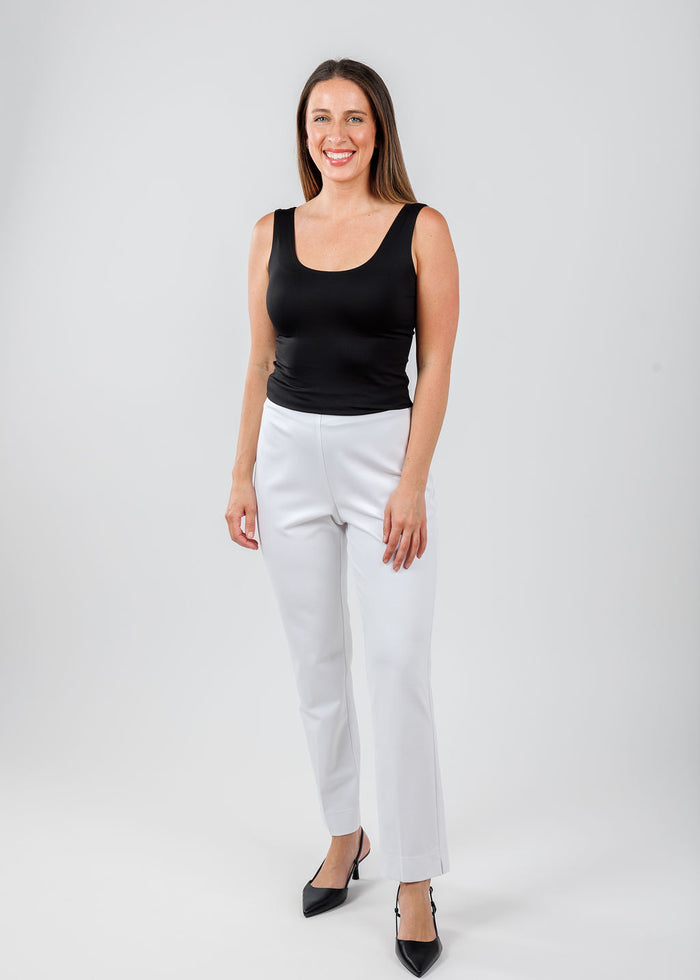 A'Nue The Classic Micro Tank Top in Black paired with Peace of Cloth Annie Pant 29" Paramount Knit in White available at Barbara Katz