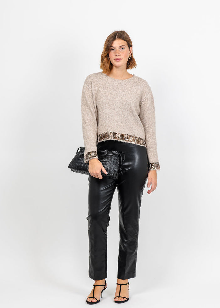 Oui Sequin Trim Pullover Sweater in Light Beige Melange paired with Peace of Cloth Annie Ultra Faux Pant in Black available at Barbara Katz
