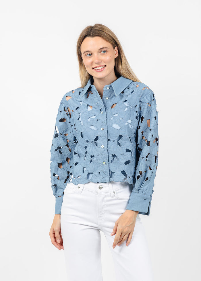BK Araya Cut-out Floral Blouse in Denim available at Barbara Katz