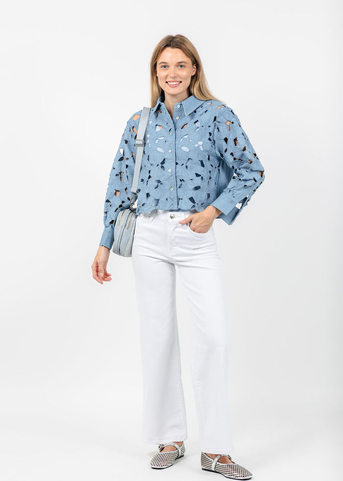 BK Araya Cut-out Floral Blouse in Denim available at Barbara Katz